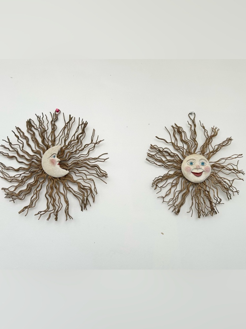 Celestial Sun and Moon Wall Hanging Set - Neutral Ceramic Faces